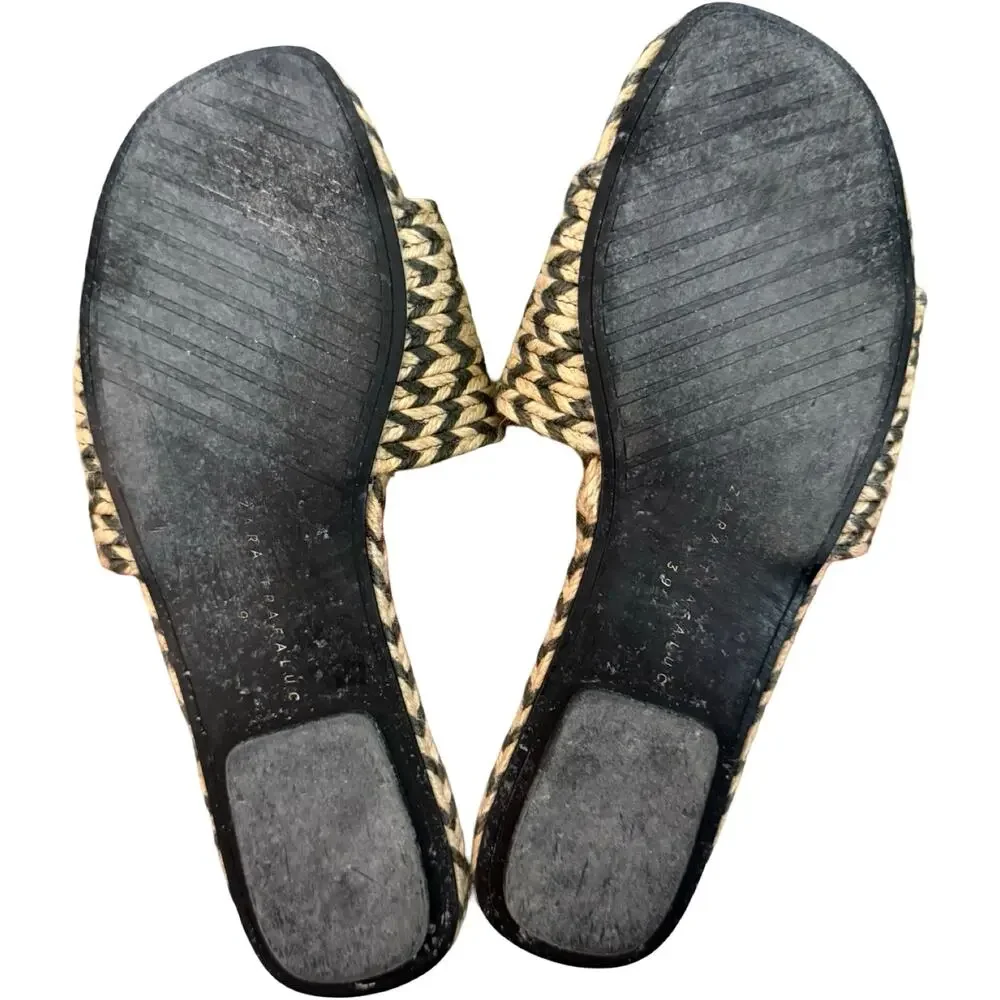 Zara Natural Brown Woven Braided Raffia Round Toe Flat Slide Sandals sz 39 / 8.5 - Picture 5 of 9